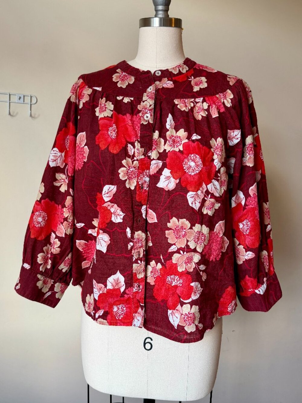 Anthropologie Porridge Red Floral Top | Cotton Blouse | Size Large | Buttons